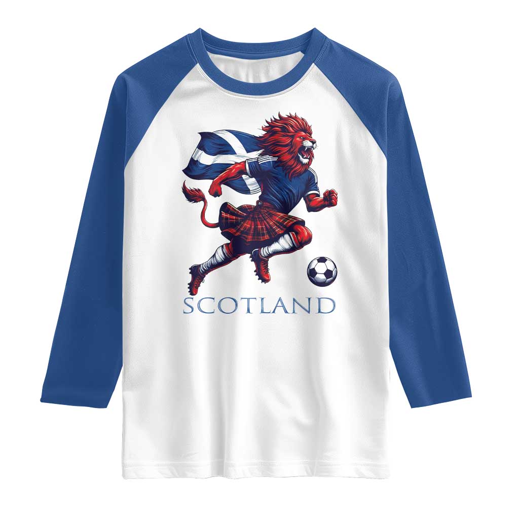 Scottish Lion Football Raglan Shirt Brave Lion in Kilt with Flag Cape Pride TS02 White Royal Print Your Wear