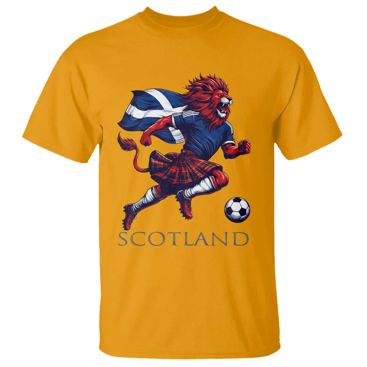 Scottish Lion Football T Shirt Brave Lion in Kilt with Flag Cape Pride TS02 Gold Print Your Wear