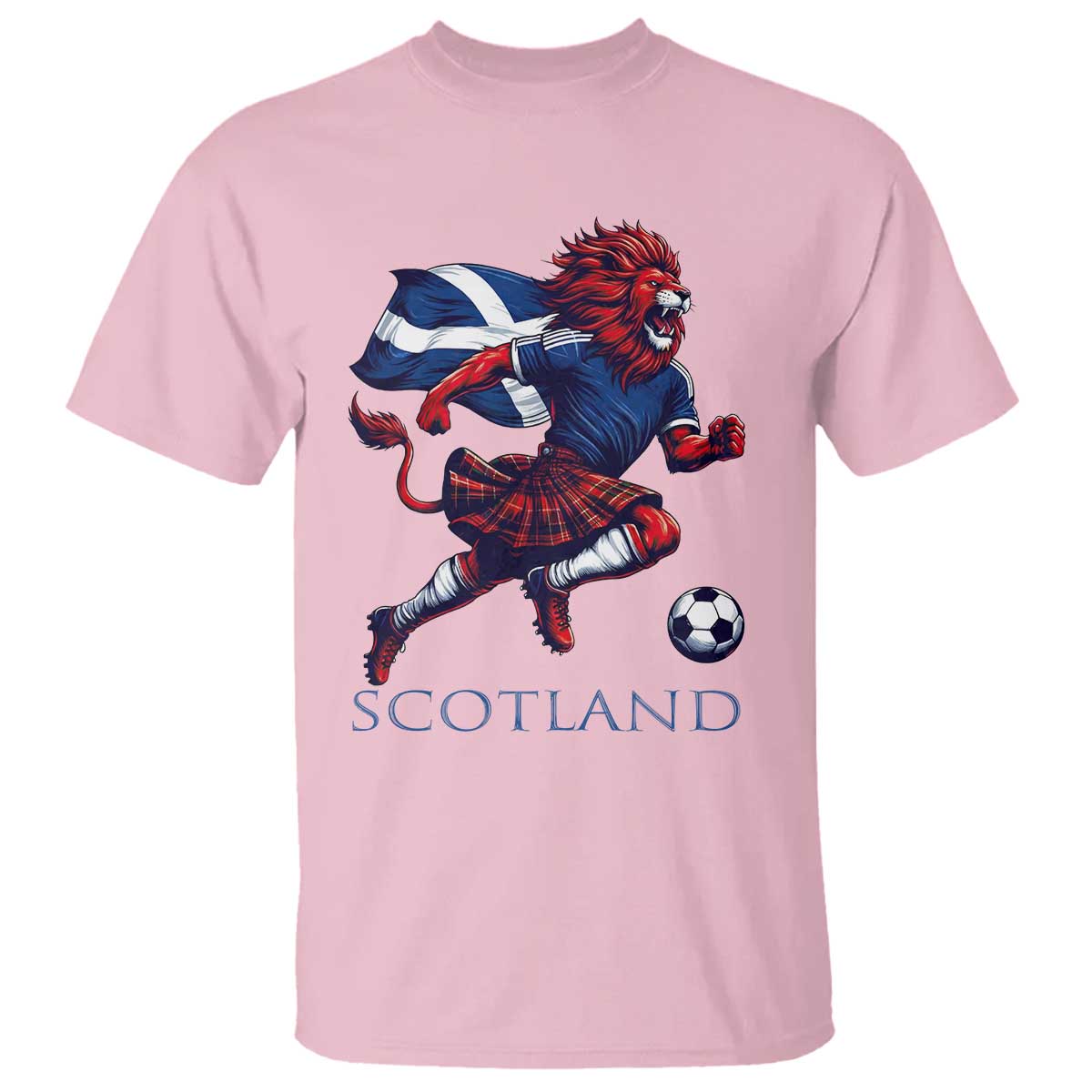 Scottish Lion Football T Shirt Brave Lion in Kilt with Flag Cape Pride TS02 Light Pink Print Your Wear