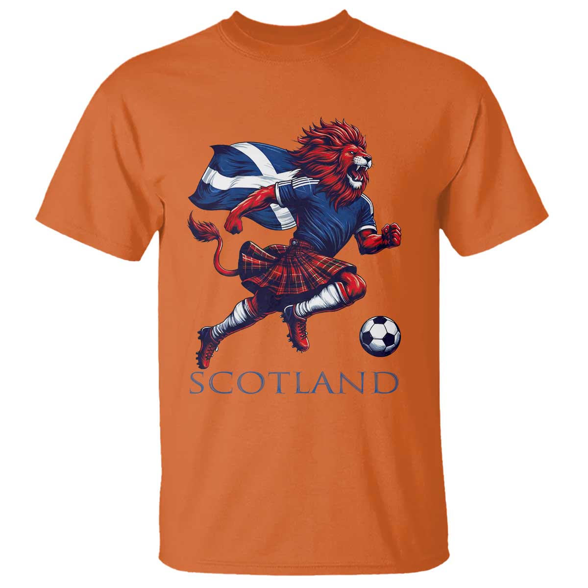 Scottish Lion Football T Shirt Brave Lion in Kilt with Flag Cape Pride TS02 Orange Print Your Wear