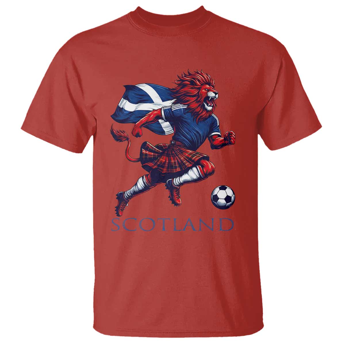 Scottish Lion Football T Shirt Brave Lion in Kilt with Flag Cape Pride TS02 Red Print Your Wear