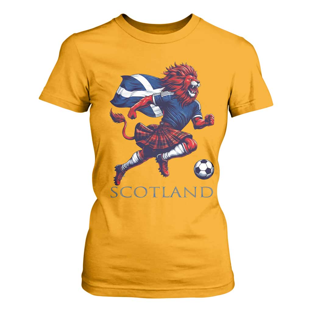 Scottish Lion Football T Shirt For Women Brave Lion in Kilt with Flag Cape Pride TS02 Gold Print Your Wear