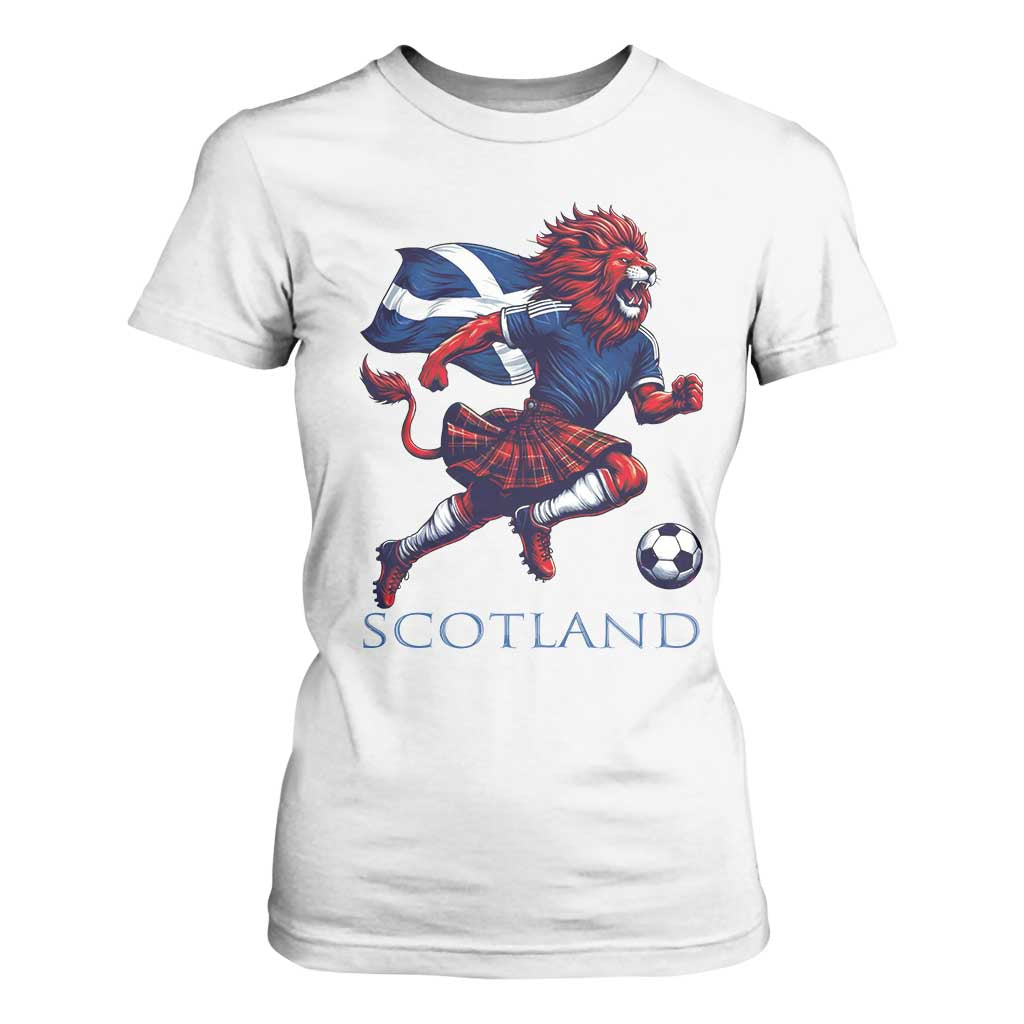 Scottish Lion Football T Shirt For Women Brave Lion in Kilt with Flag Cape Pride TS02 White Print Your Wear