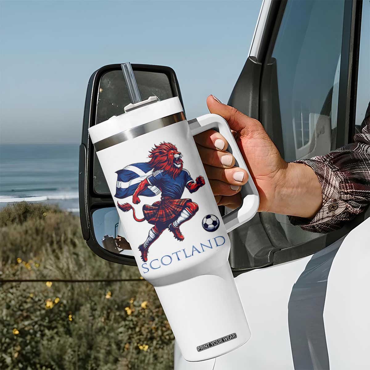 Scottish Lion Football Tumbler With Handle Brave Lion in Kilt with Flag Cape Pride TS02 Print Your Wear