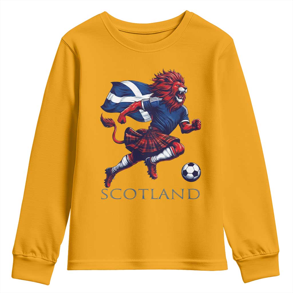 Scottish Lion Football Youth Sweatshirt Brave Lion in Kilt with Flag Cape Pride TS02 Gold Print Your Wear