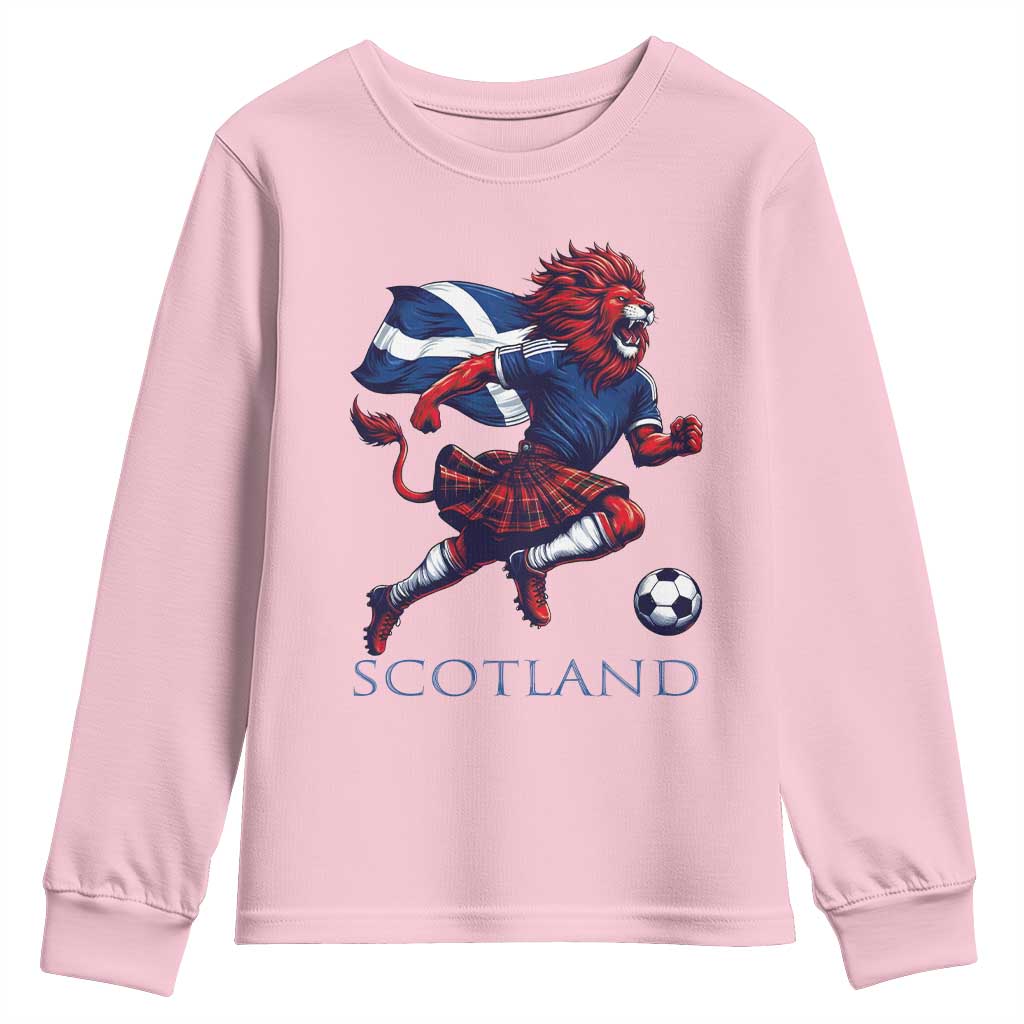 Scottish Lion Football Youth Sweatshirt Brave Lion in Kilt with Flag Cape Pride TS02 Light Pink Print Your Wear