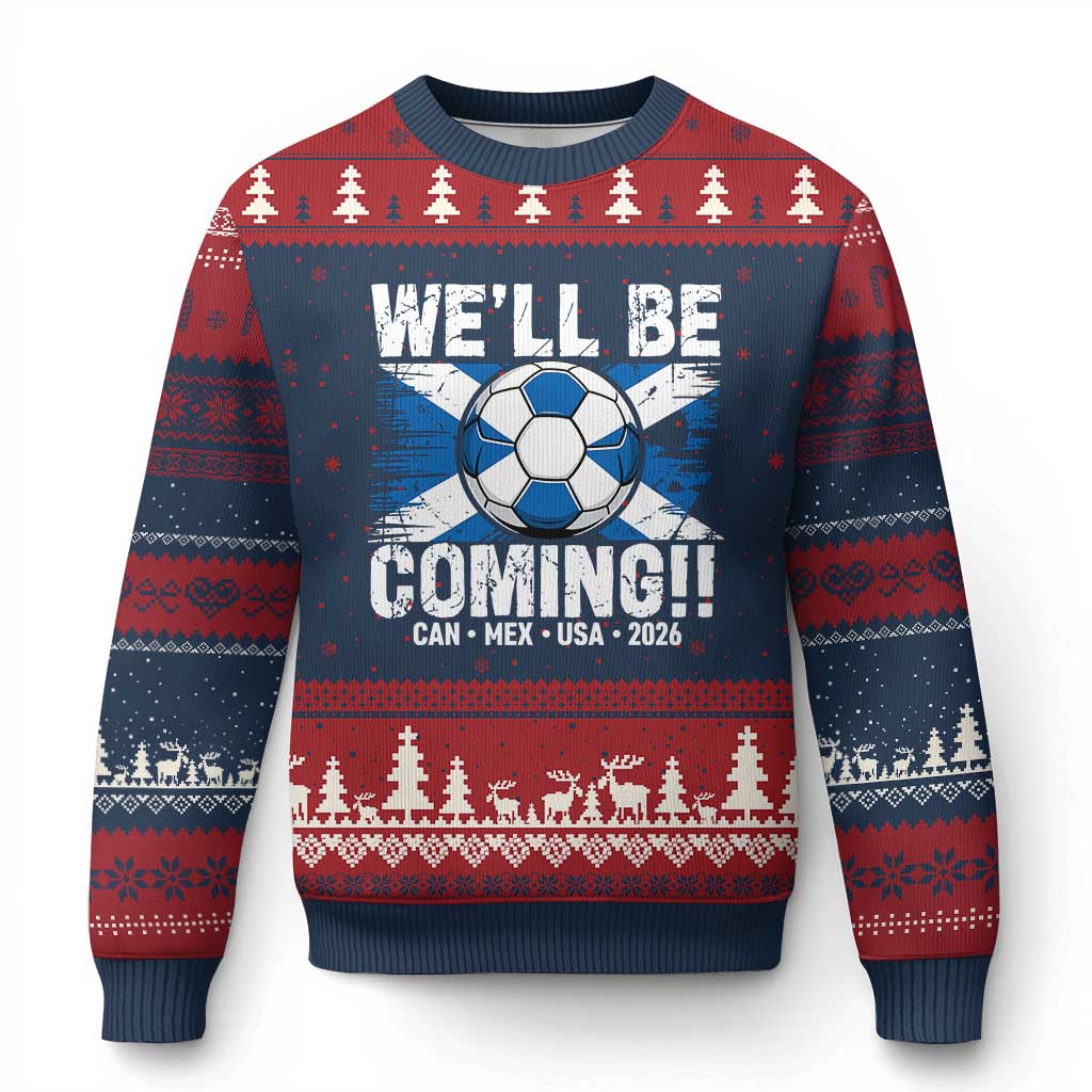 Well Be Coming Soccer Ugly Christmas Sweater Scotland Flag Pride Football Fans TS02 Navy Red Print Your Wear