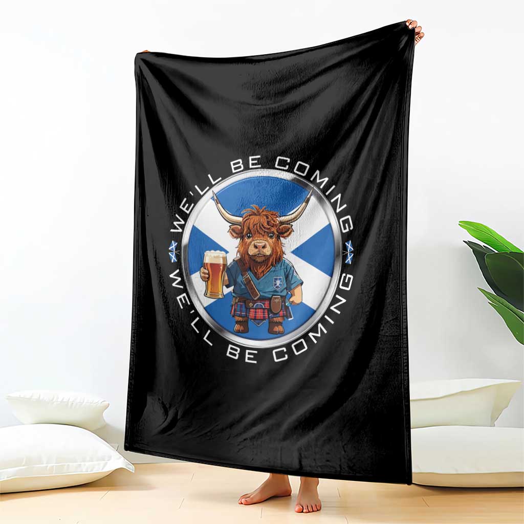 Funny Highland Cow in Kilt Drinking Throw Blanket We'll Be Coming Scottish Pride Football Fans TS02 Print Your Wear