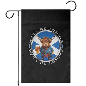 Funny Highland Cow in Kilt Drinking Garden Flag We'll Be Coming Scottish Pride Football Fans TS02 Black Print Your Wear