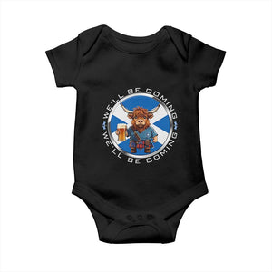 Funny Highland Cow in Kilt Drinking Baby Onesie We'll Be Coming Scottish Pride Football Fans TS02 Black Print Your Wear