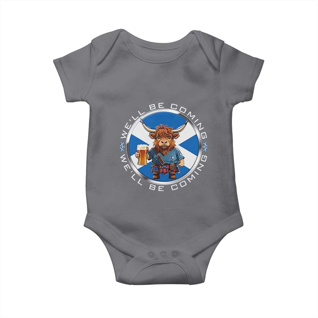 Funny Highland Cow in Kilt Drinking Baby Onesie We'll Be Coming Scottish Pride Football Fans TS02 Charcoal Print Your Wear