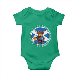 Funny Highland Cow in Kilt Drinking Baby Onesie We'll Be Coming Scottish Pride Football Fans TS02 Irish Green Print Your Wear