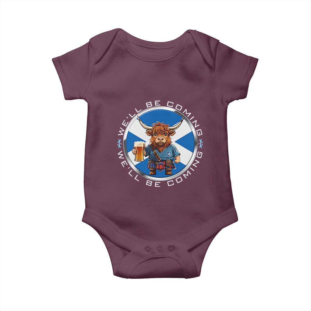 Funny Highland Cow in Kilt Drinking Baby Onesie We'll Be Coming Scottish Pride Football Fans TS02 Maroon Print Your Wear