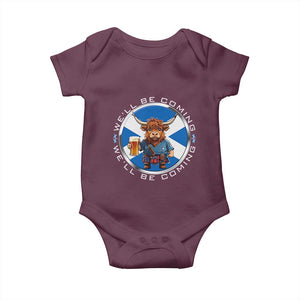 Funny Highland Cow in Kilt Drinking Baby Onesie We'll Be Coming Scottish Pride Football Fans TS02 Maroon Print Your Wear