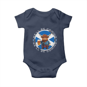 Funny Highland Cow in Kilt Drinking Baby Onesie We'll Be Coming Scottish Pride Football Fans TS02 Navy Print Your Wear