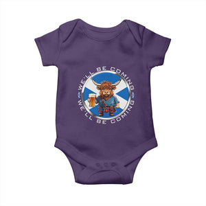 Funny Highland Cow in Kilt Drinking Baby Onesie We'll Be Coming Scottish Pride Football Fans TS02 Purple Print Your Wear