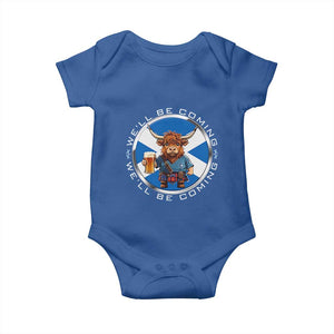 Funny Highland Cow in Kilt Drinking Baby Onesie We'll Be Coming Scottish Pride Football Fans TS02 Royal Blue Print Your Wear