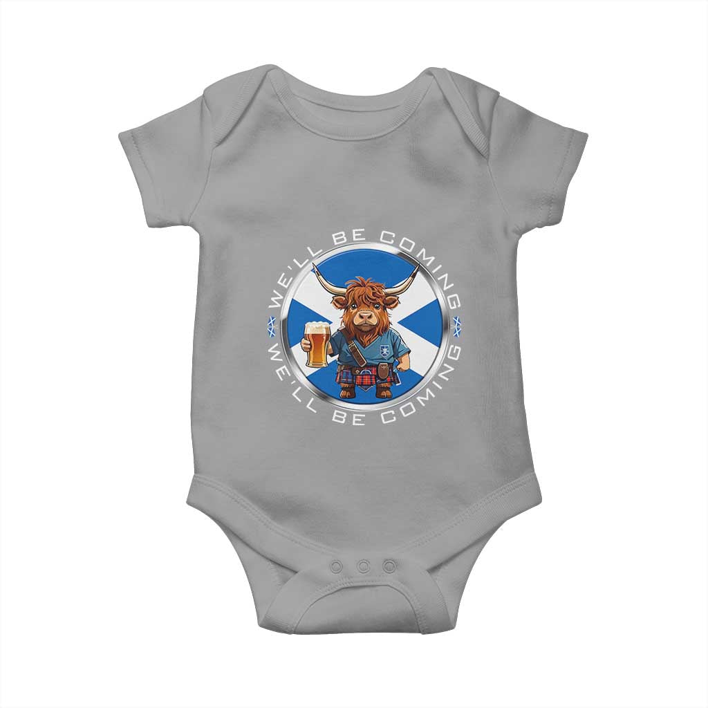 Funny Highland Cow in Kilt Drinking Baby Onesie We'll Be Coming Scottish Pride Football Fans TS02 Sport Gray Print Your Wear