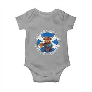 Funny Highland Cow in Kilt Drinking Baby Onesie We'll Be Coming Scottish Pride Football Fans TS02 Sport Gray Print Your Wear