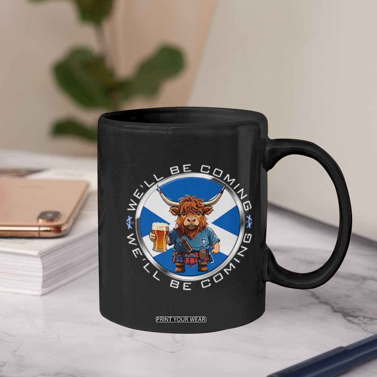 Funny Highland Cow in Kilt Drinking Coffee Mug We'll Be Coming Scottish Pride Football Fans TS02 Print Your Wear