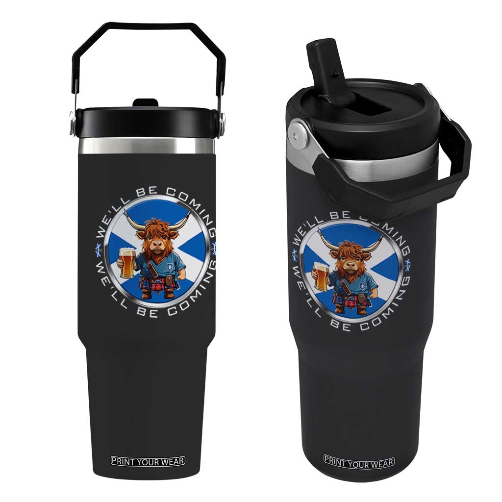 Funny Highland Cow in Kilt Drinking Flip Straw Tumbler We'll Be Coming Scottish Pride Football Fans TS02 One Size: 30 oz Black Print Your Wear