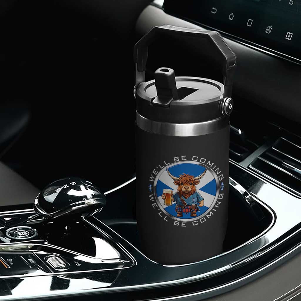 Funny Highland Cow in Kilt Drinking Flip Straw Tumbler We'll Be Coming Scottish Pride Football Fans TS02 Print Your Wear