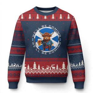 Funny Highland Cow in Kilt Drinking Ugly Christmas Sweater We'll Be Coming Scottish Pride Football Fans TS02 Navy Red Print Your Wear