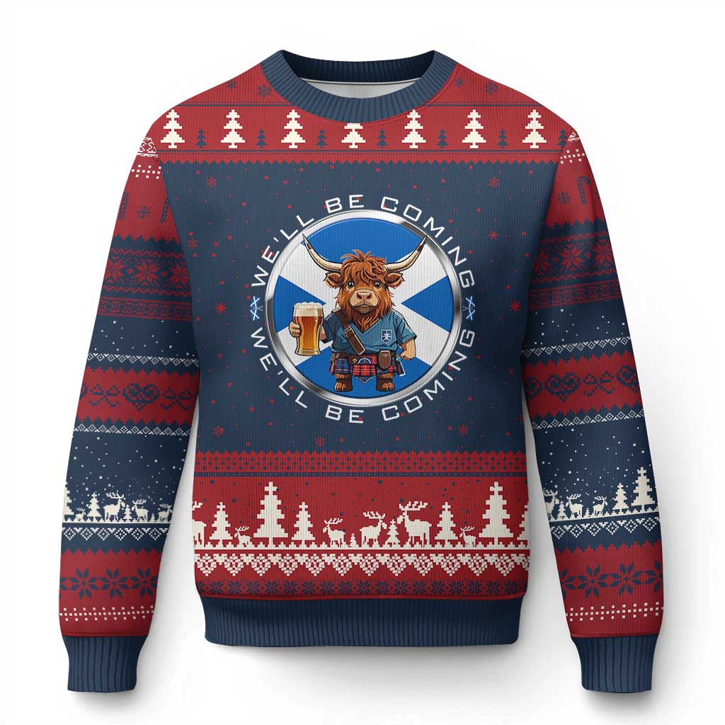 Funny Highland Cow in Kilt Drinking Ugly Christmas Sweater We'll Be Coming Scottish Pride Football Fans TS02 Navy Red Print Your Wear