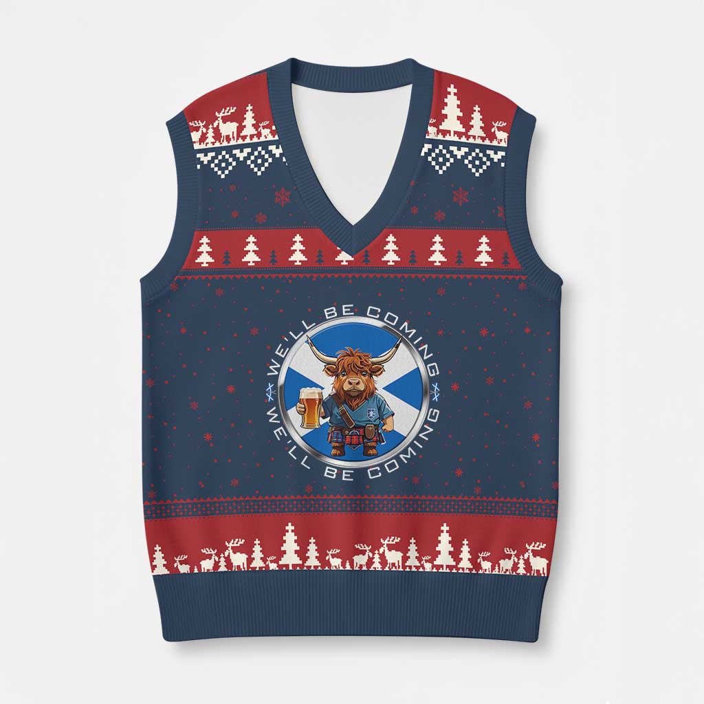 Funny Highland Cow in Kilt Drinking V-Neck Knit Sweater Vest We'll Be Coming Scottish Pride Football Fans TS02 Navy Red Print Your Wear