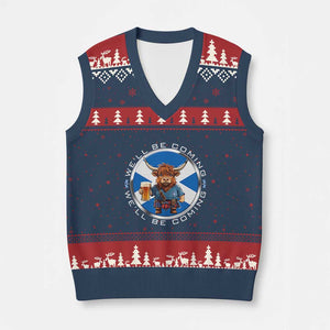 Funny Highland Cow in Kilt Drinking V-Neck Knit Sweater Vest We'll Be Coming Scottish Pride Football Fans TS02 Navy Red Print Your Wear