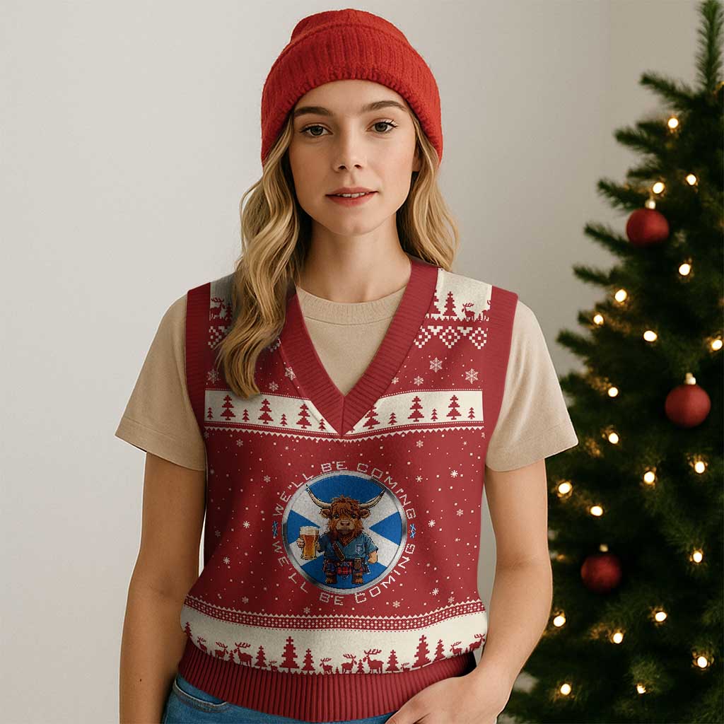 Funny Highland Cow in Kilt Drinking V-Neck Knit Sweater Vest We'll Be Coming Scottish Pride Football Fans TS02 Red Beige Print Your Wear