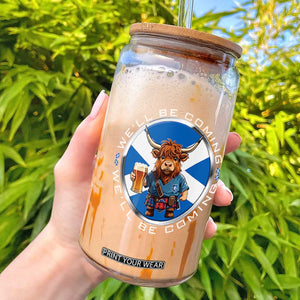 Funny Highland Cow in Kilt Drinking Glass Can We'll Be Coming Scottish Pride Football Fans TS02 Black Print Your Wear