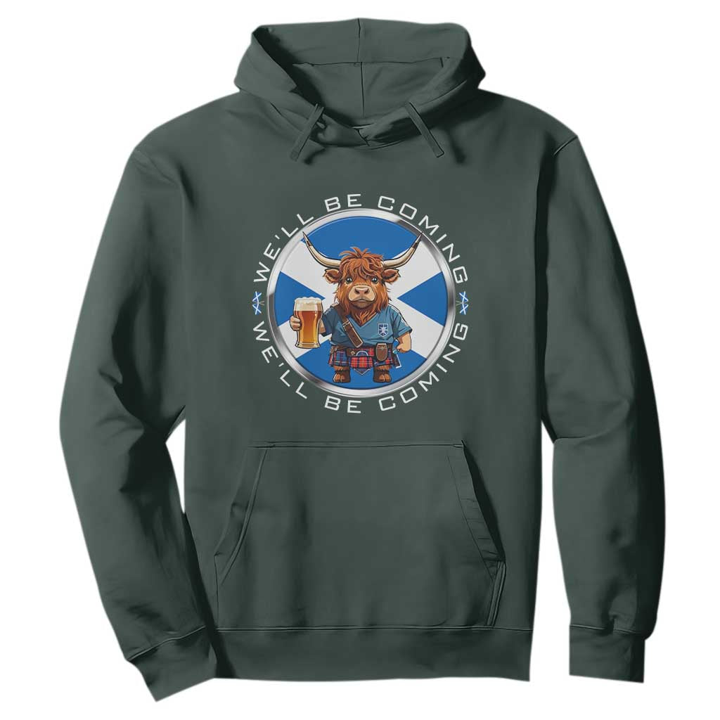 Funny Highland Cow in Kilt Drinking Hoodie We'll Be Coming Scottish Pride Football Fans TS02 Dark Forest Green Print Your Wear