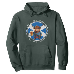 Funny Highland Cow in Kilt Drinking Hoodie We'll Be Coming Scottish Pride Football Fans TS02 Dark Forest Green Print Your Wear