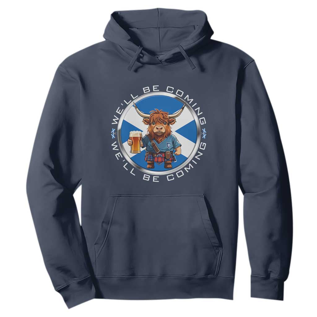Funny Highland Cow in Kilt Drinking Hoodie We'll Be Coming Scottish Pride Football Fans TS02 Navy Print Your Wear