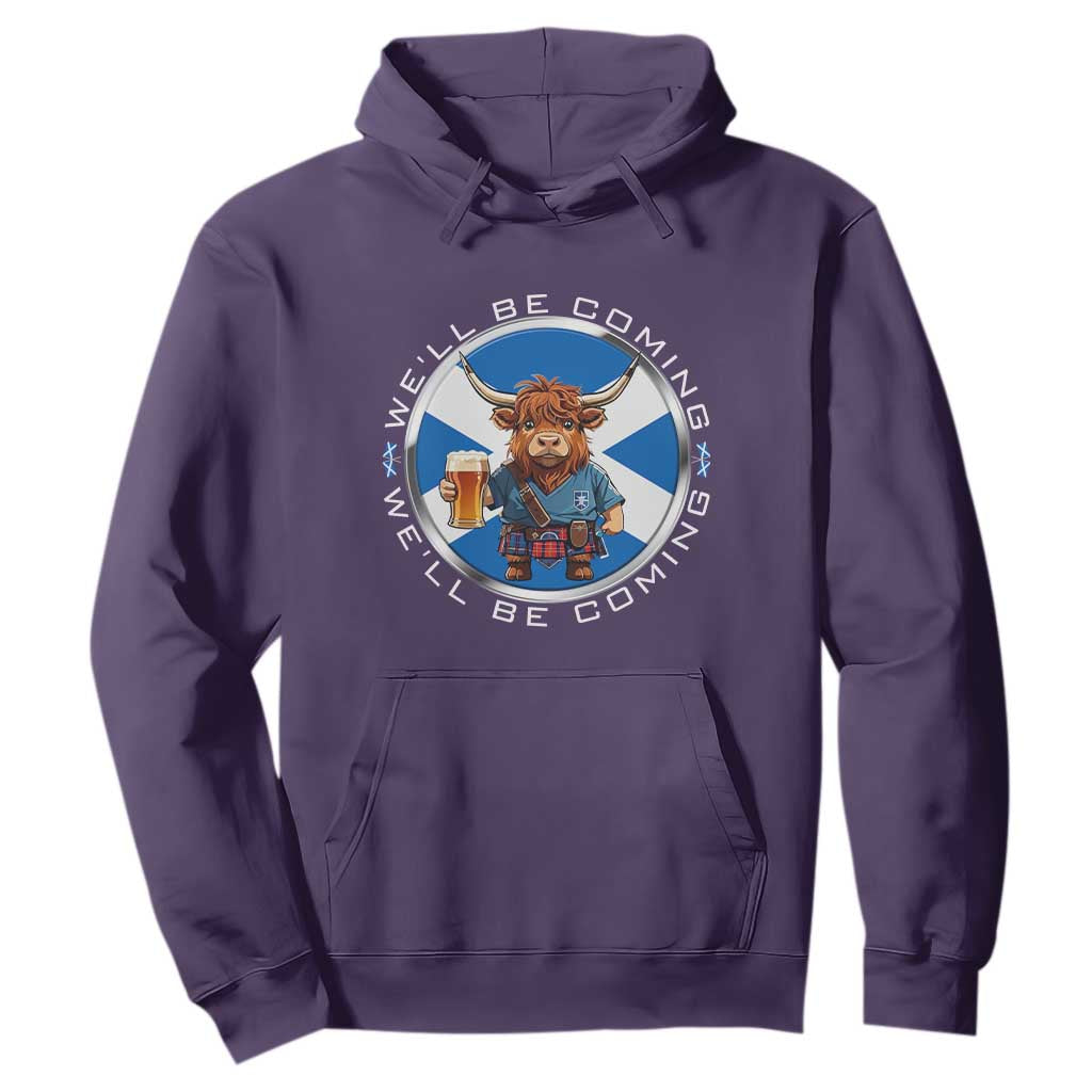 Funny Highland Cow in Kilt Drinking Hoodie We'll Be Coming Scottish Pride Football Fans TS02 Purple Print Your Wear