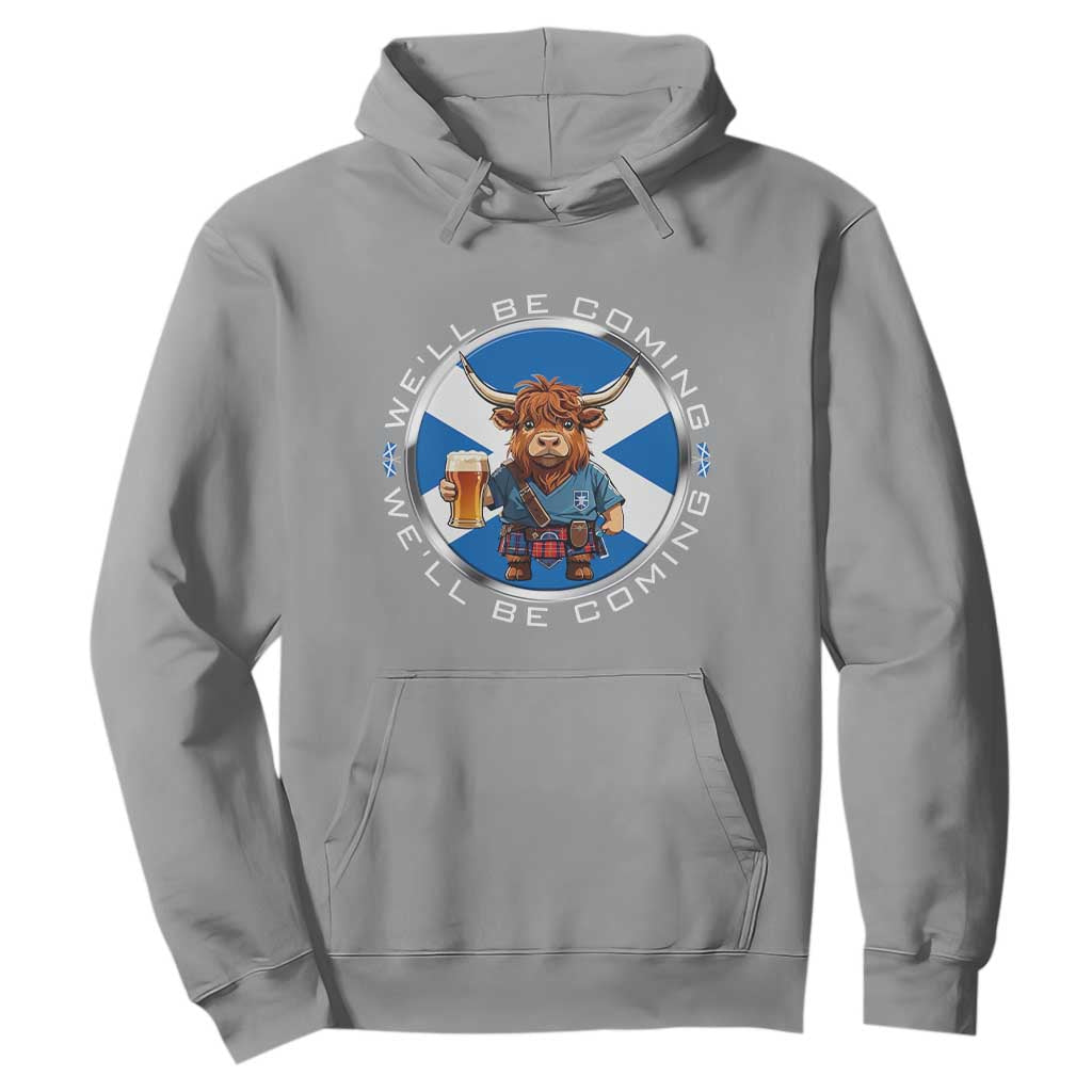 Funny Highland Cow in Kilt Drinking Hoodie We'll Be Coming Scottish Pride Football Fans TS02 Sport Gray Print Your Wear