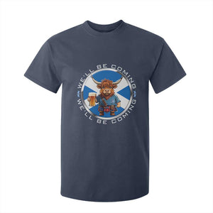 Funny Highland Cow in Kilt Drinking T Shirt For Kid We'll Be Coming Scottish Pride Football Fans TS02 Navy Print Your Wear