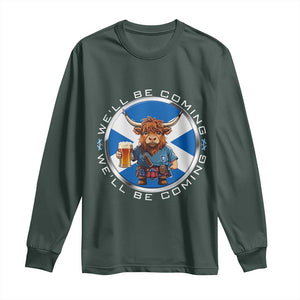 Funny Highland Cow in Kilt Drinking Long Sleeve Shirt We'll Be Coming Scottish Pride Football Fans TS02 Dark Forest Green Print Your Wear