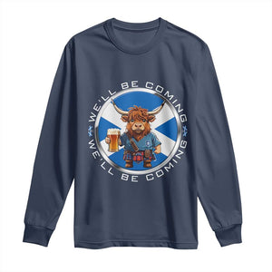 Funny Highland Cow in Kilt Drinking Long Sleeve Shirt We'll Be Coming Scottish Pride Football Fans TS02 Navy Print Your Wear