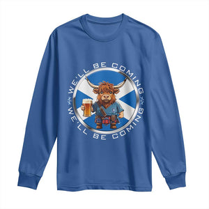 Funny Highland Cow in Kilt Drinking Long Sleeve Shirt We'll Be Coming Scottish Pride Football Fans TS02 Royal Blue Print Your Wear