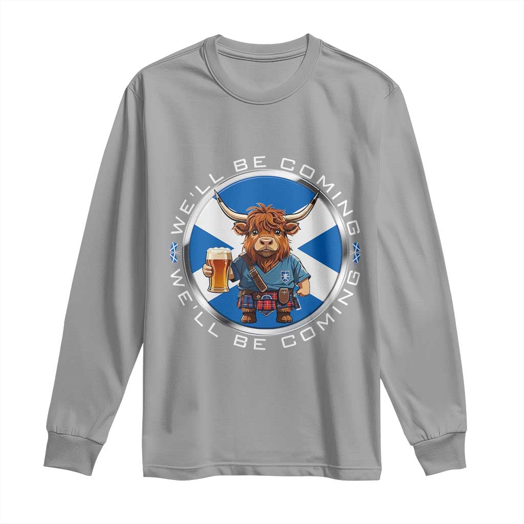 Funny Highland Cow in Kilt Drinking Long Sleeve Shirt We'll Be Coming Scottish Pride Football Fans TS02 Sport Gray Print Your Wear