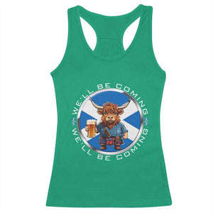 Funny Highland Cow in Kilt Drinking Racerback Tank Top We'll Be Coming Scottish Pride Football Fans TS02 Irish Green Print Your Wear