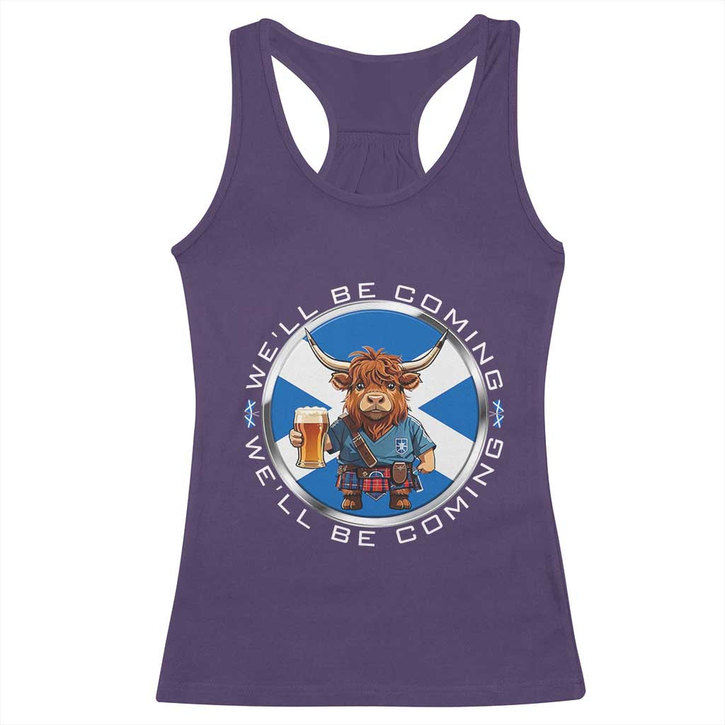 Funny Highland Cow in Kilt Drinking Racerback Tank Top We'll Be Coming Scottish Pride Football Fans TS02 Purple Print Your Wear