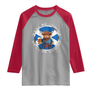 Funny Highland Cow in Kilt Drinking Raglan Shirt We'll Be Coming Scottish Pride Football Fans TS02 Sport Gray Red Print Your Wear