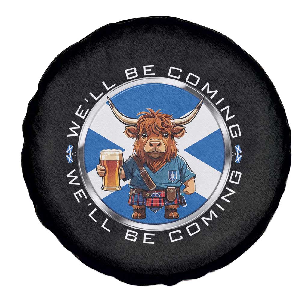 Funny Highland Cow in Kilt Drinking Spare Tire Cover We'll Be Coming Scottish Pride Football Fans TS02 Print Your Wear