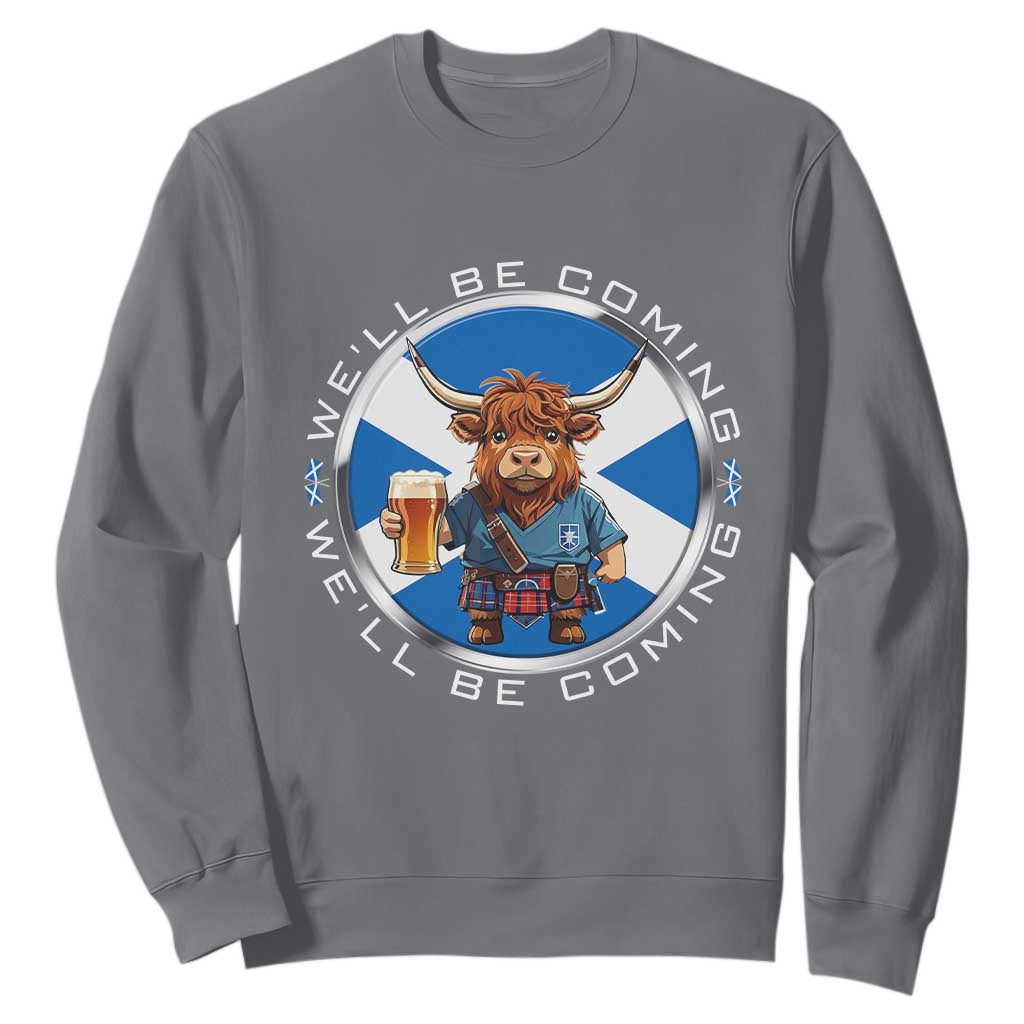 Funny Highland Cow in Kilt Drinking Sweatshirt We'll Be Coming Scottish Pride Football Fans TS02 Charcoal Print Your Wear