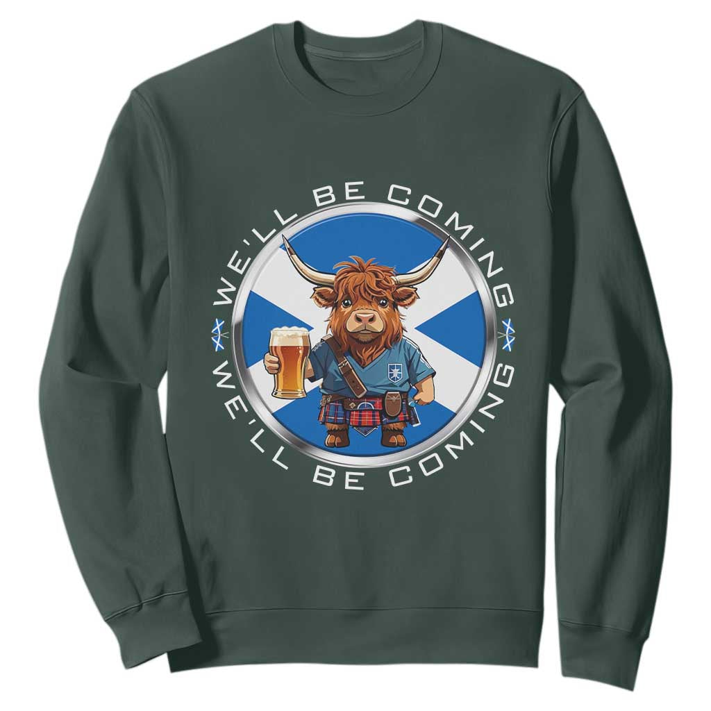 Funny Highland Cow in Kilt Drinking Sweatshirt We'll Be Coming Scottish Pride Football Fans TS02 Dark Forest Green Print Your Wear