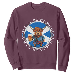 Funny Highland Cow in Kilt Drinking Sweatshirt We'll Be Coming Scottish Pride Football Fans TS02 Maroon Print Your Wear