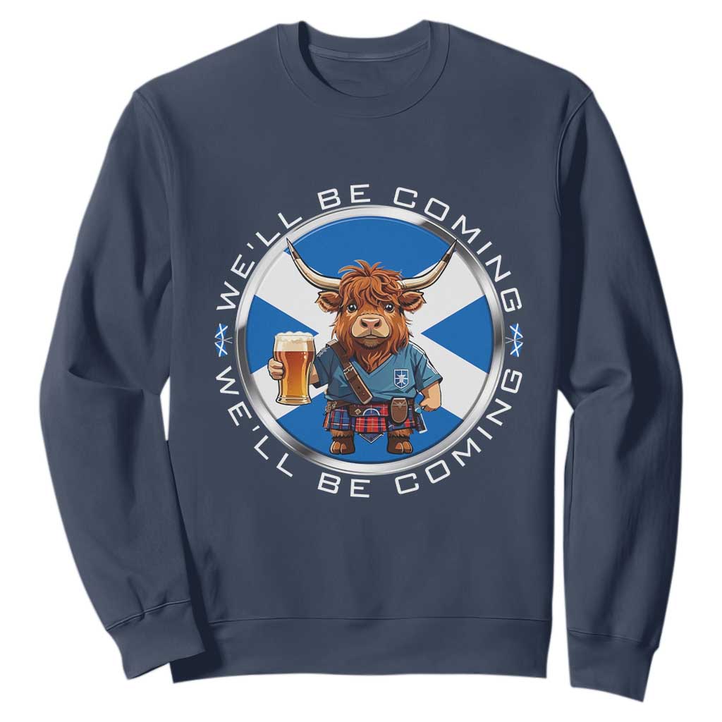 Funny Highland Cow in Kilt Drinking Sweatshirt We'll Be Coming Scottish Pride Football Fans TS02 Navy Print Your Wear